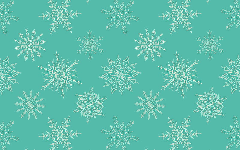 Green background with snowflakes, snowflakes ornaments, snowflakes texture, retro winter texture, retro background with snowflakes, HD wallpaper