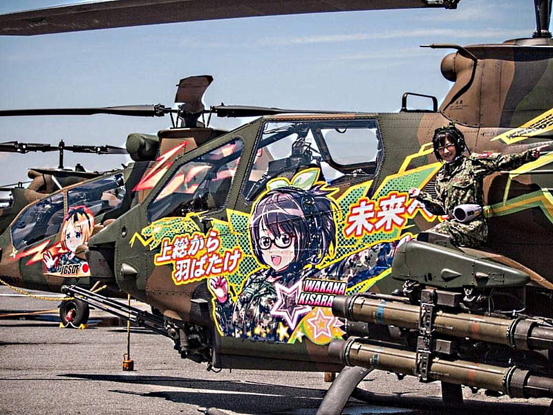 Anime on JGSDF attack helicopters, on, ground, ready, japan, HD wallpaper