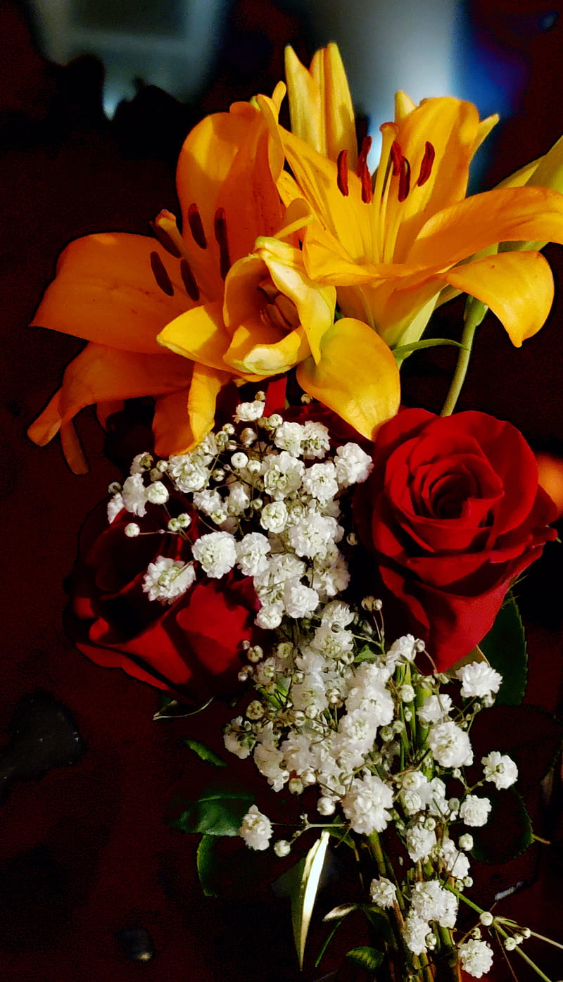 Bouquet, lilies, red, roses, white, yellow, HD phone wallpaper