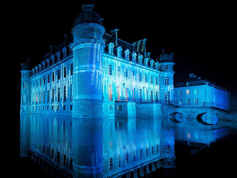 Beloeil At Night, hainaut, chateau, mote, moat, lake, beloeil, belgium, province, de, reflection, castle, blue, night, HD wallpaper