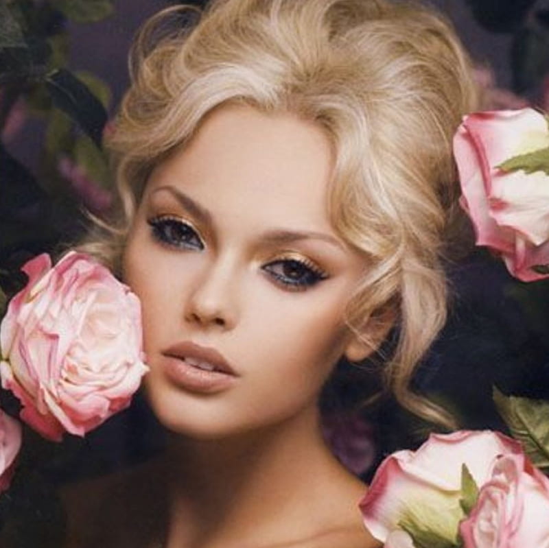Roses and beauty, gorgeous face, beauty, blonde, pink roses, HD wallpaper