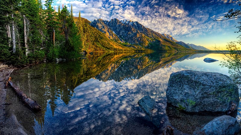Jenny Lake, Grand Tetons, Washington, autumn, trees, clouds, landscape, sky, water, reflections, usa, colors, HD wallpaper