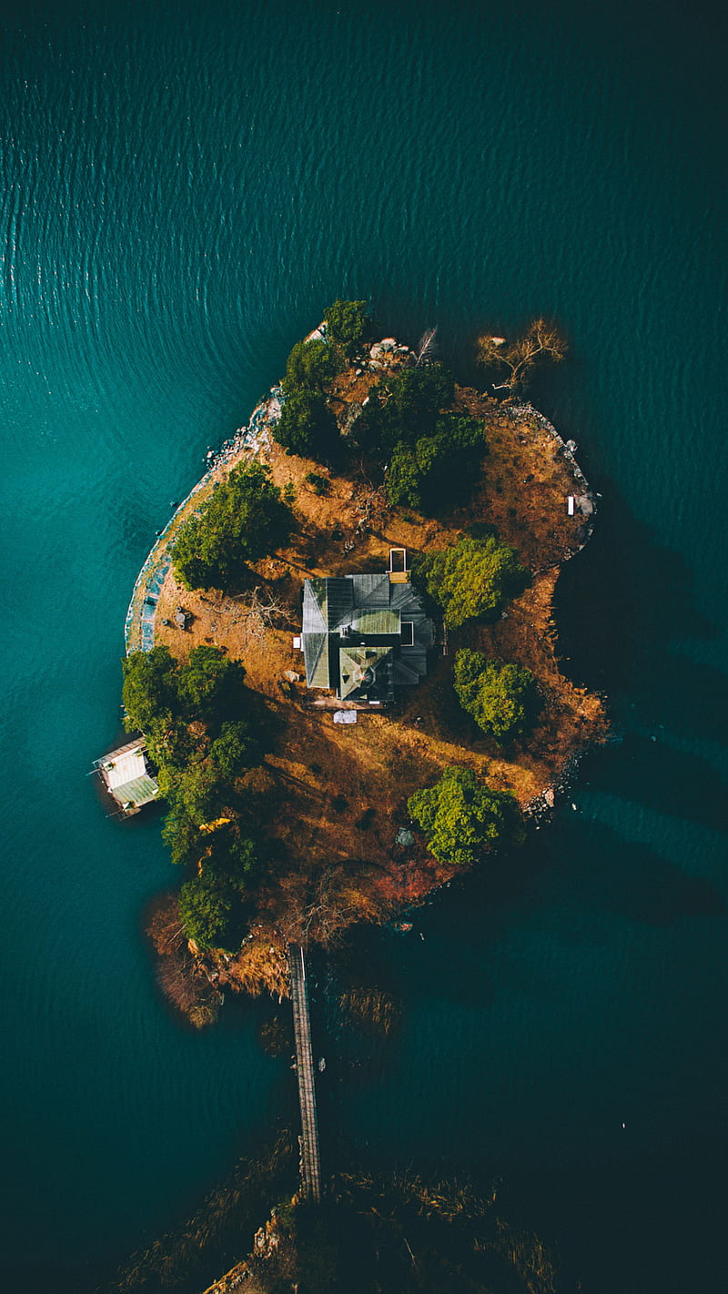 Lone island house, blue, green, house, island, lone, sea, HD phone wallpaper