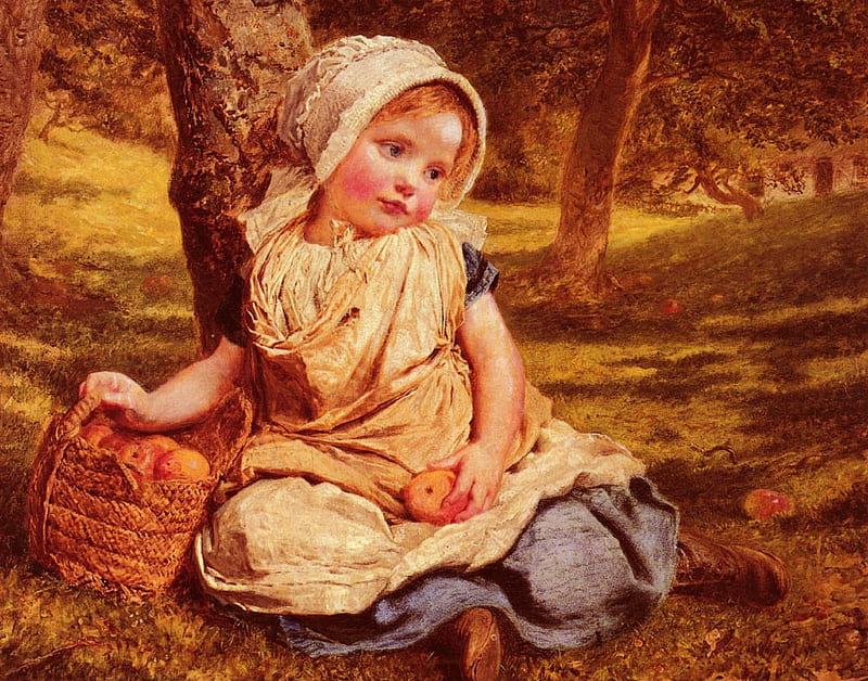 Sophie Gengembre Anderson * Windfalls, apple, fruit, sophie gengembre anderson, art, girl, basket, people, painting, HD wallpaper