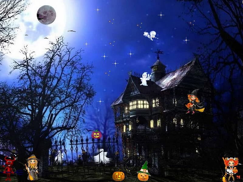 All Hallows Eve, stars, fence, house, bats, jack o lanterns, halloween, witches, trees, moon, ghosts, full moon, devil, HD wallpaper