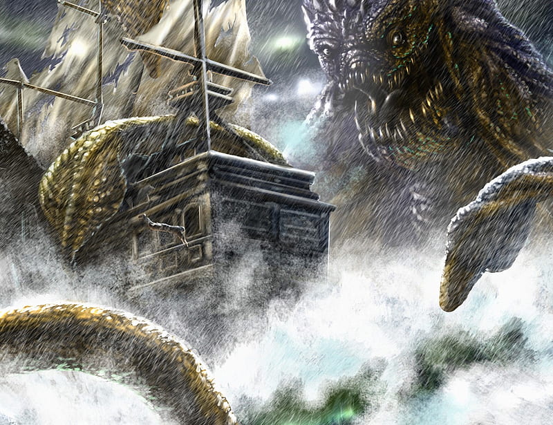 Mythical Creature, ship, ocean, mythical, turbulent, deadly, creature, HD wallpaper