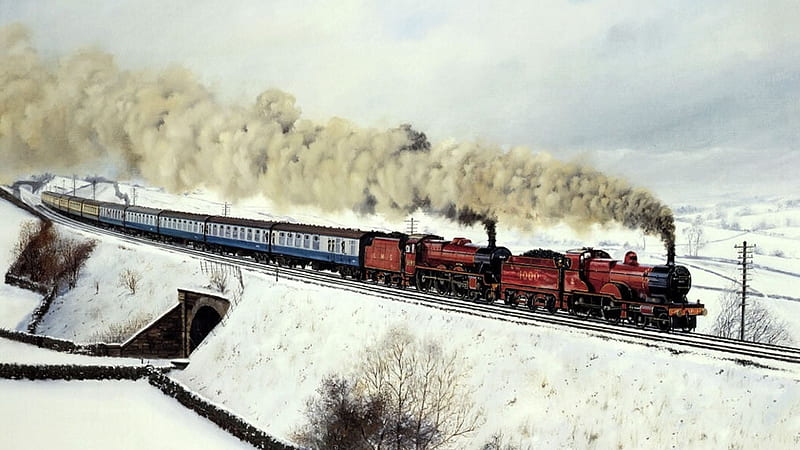 twin engine steam train, steam, train, passenger, winter, HD wallpaper