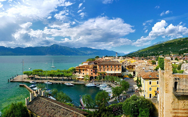 Torri del Benaco, architecture, Veneto, Italian, Province of Verona, Italy, ocean, clouds, sea, beach, Lake Garda, water, harbor, HD wallpaper