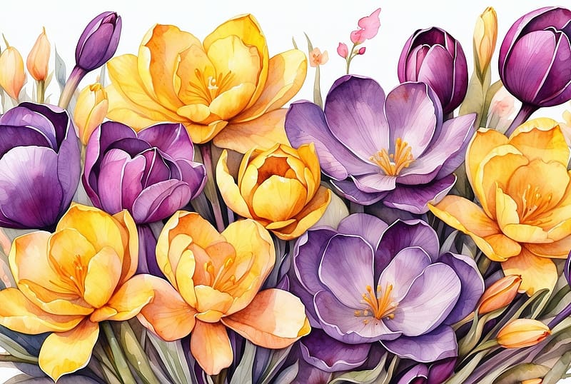 Crocuses, purple, yellow, saffron, spring, crocus, flower, art, brebenel, HD wallpaper