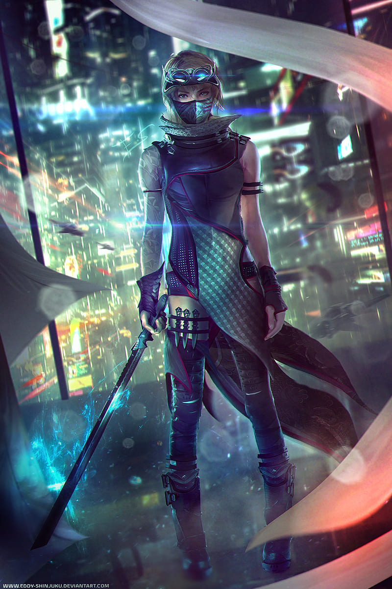 cyberpunk, Ninja, futuristic, futuristic city, artwork, digital art, katana, HD phone wallpaper
