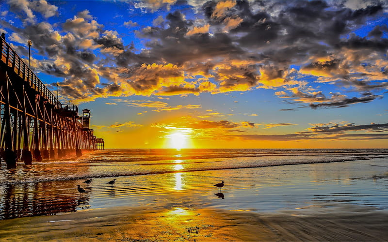 sunset, ocean, beach, wooden pier, California, USA, HD wallpaper