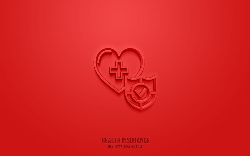 Health insurance 3d icon, red background, 3d symbols, Health insurance, Insurance icons, 3d icons, Health insurance sign, Insurance 3d icons, HD wallpaper