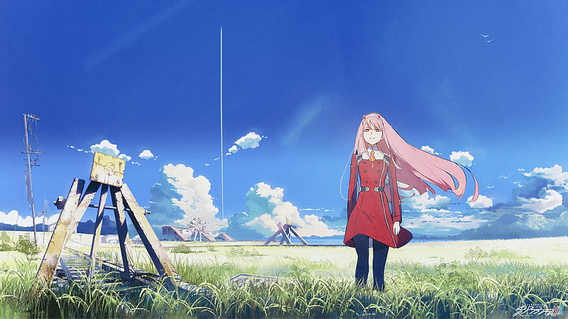 Darling In The FranXX Pink Hair Zero Two Having Fish On Mouth With  Background Of Blue Sky And Clouds HD Anime Wallpapers, HD Wallpapers
