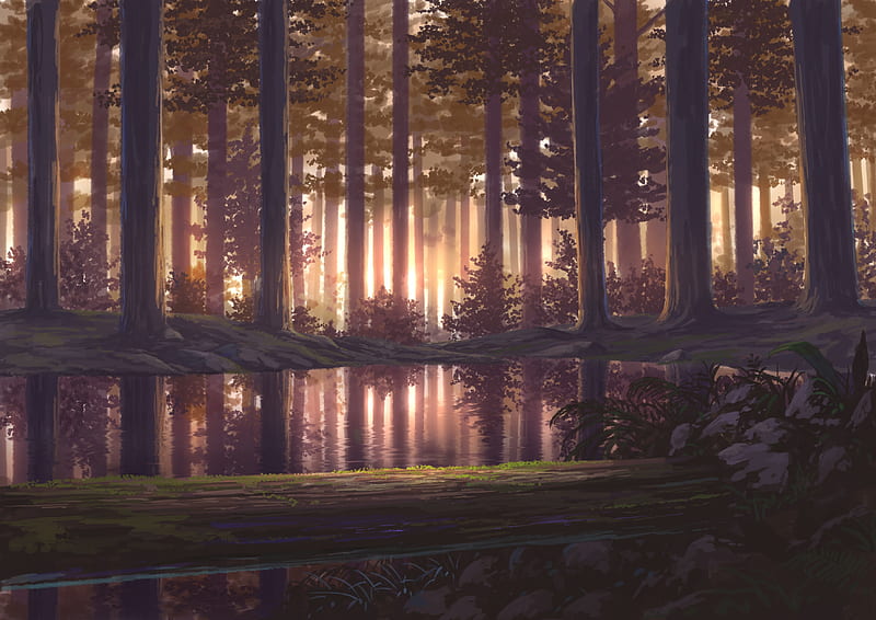 anime forest, trees, pond, reflection, Anime, HD wallpaper