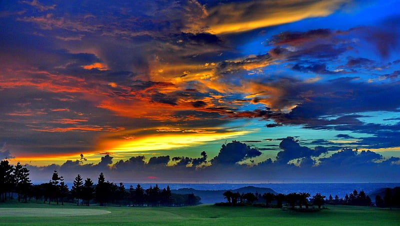 dramatic sky, golf course, colors, trees, clouds, sky, HD wallpaper