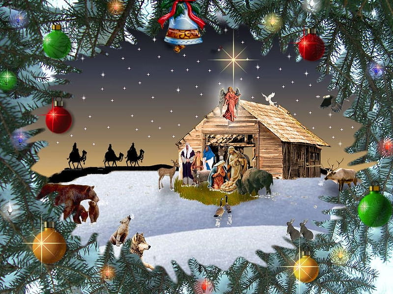 Christmas Time, holy family, ornaments, decoration, artwork, winter, snow, people, painting, wise men, stable, HD wallpaper