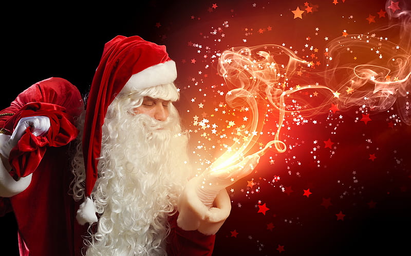 Santa Claus, Christmas red bag, magic smoke, New Year, gifts, HD wallpaper