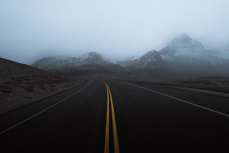 road, mountains, fog, turn, rocks, HD wallpaper