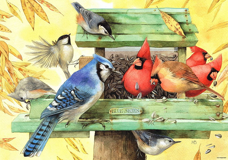 Blue Skies, blue jay, chickadees, cardinals, bird feeder, painting, birds, HD wallpaper