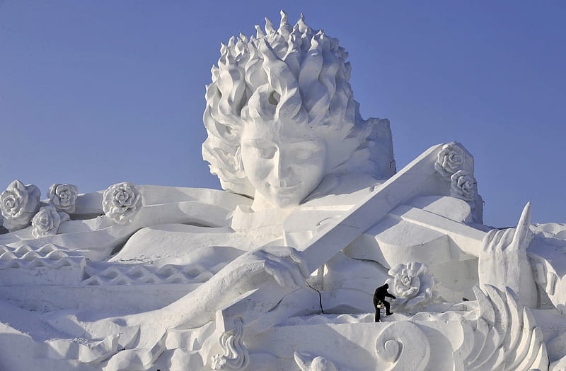 Cold Sculptures, ice, sky, blue, winter, sculpture, HD wallpaper