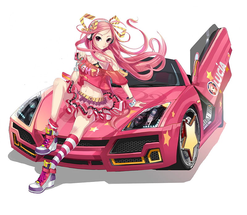 Lovely Lucia with Pink Car, stars, striped socks, Pangya, hair ribbons, highres, Lucia, headphones, scissor doors, smiling, cute anime girl, star wheel, car, pink car, pink hair, red eyes, HD wallpaper