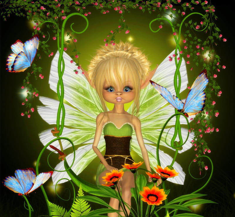 ✫Toon Fairy with Swing✫, pretty, glow, digital art, leaves, fantasy, fairies, flowers, butterfly designs, light, fairy, animals, wings, lovely, colors, creative pre-made, butterflies, roses, cute, swings, plants, backgrounds, HD wallpaper