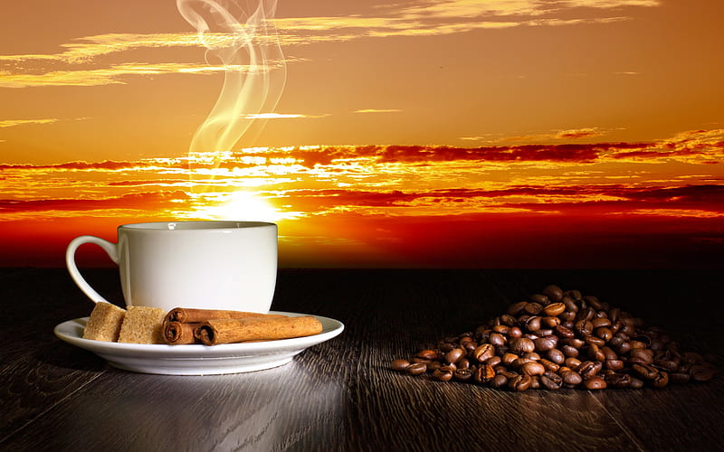 Cinnamon coffee at sunset, coffee, life, enjoyment, cinnamon, spice, sunset, HD wallpaper
