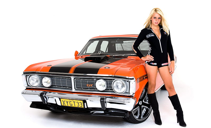 Falcon Babe, gt, blond, muscle, boots, bonito, woman, hair, shorts, ford, hot, face, falcon, classic, 351, babe, legs, blonde, custom, sexy, lips, girl, lady, eyes, jumper, HD wallpaper