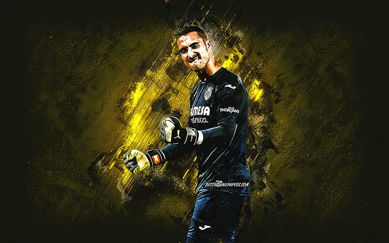 Sergio Asenjo, Villarreal CF, Spanish footballer, goalkeeper, yellow stone background, football, Villarreal, La Liga, HD wallpaper