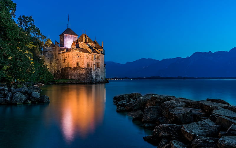 Chillon Castle, Alps, Lake Geneva, Montreux, panoramic view, nature, bonito, Switzerland, HD wallpaper