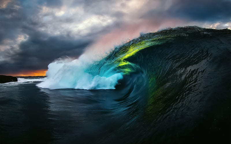 ocean wave, coast, wave crest, big wave, ocean, evening, sunset, HD wallpaper