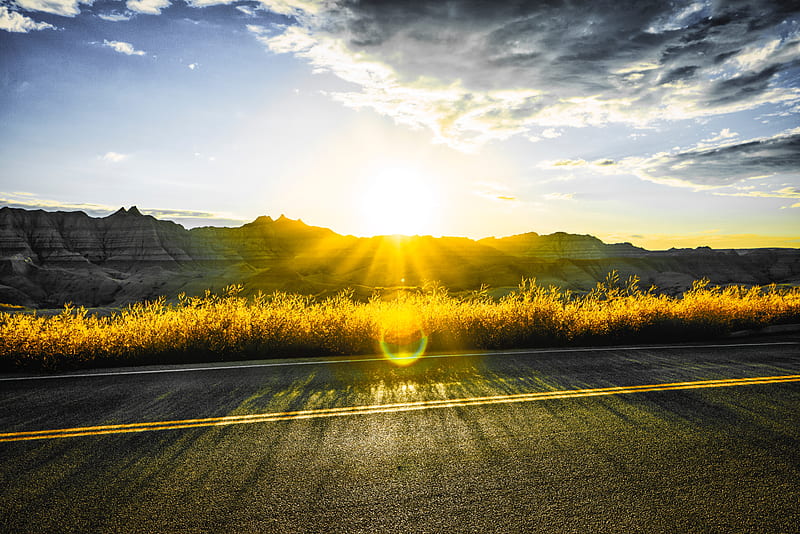 road, mountains, sun, glare, sunny, HD wallpaper