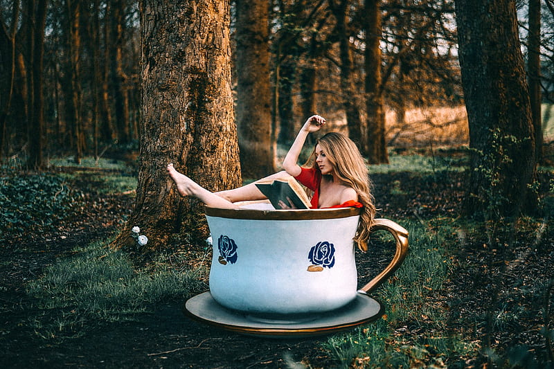 Woman Reading in a Tea Cup, forest, tea cup, model, illusion, blonde, HD wallpaper