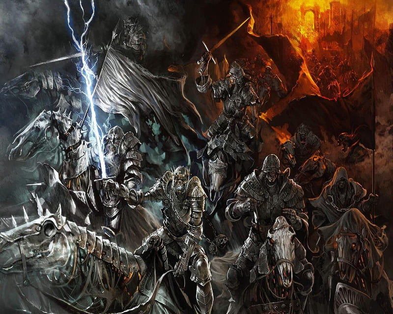 Riding From Hell, lighing, undead, flames, army, horses, HD wallpaper