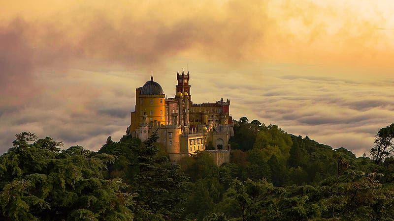 The Pena Palace, Sintra, Portugal, hills, clouds, building, trees, sky, castle, forest, sunset, landscape, HD wallpaper