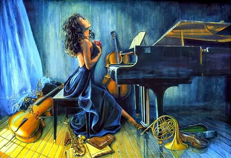 Music Is My Life, cello, painting, saxophone, woman, artwork, piano, HD wallpaper