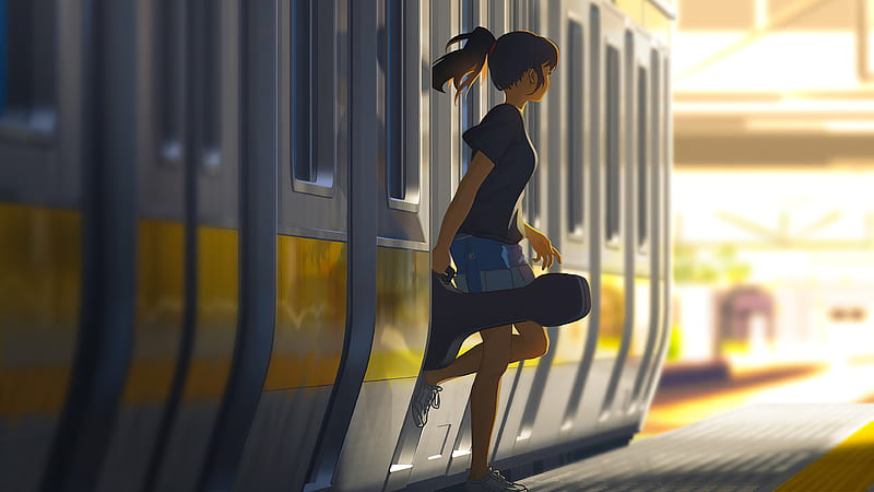 anime girl, train station, ponytail, guitar, instrument, Anime, HD wallpaper