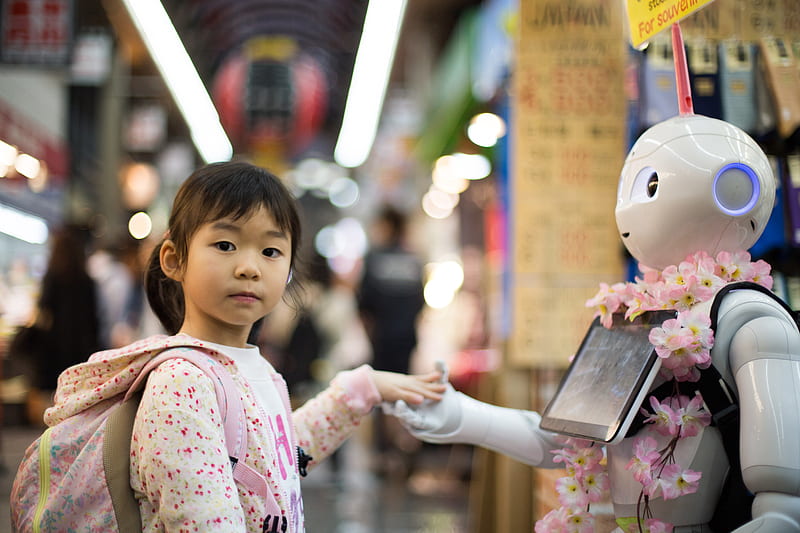 girl laying left hand on white digital robot, HD wallpaper