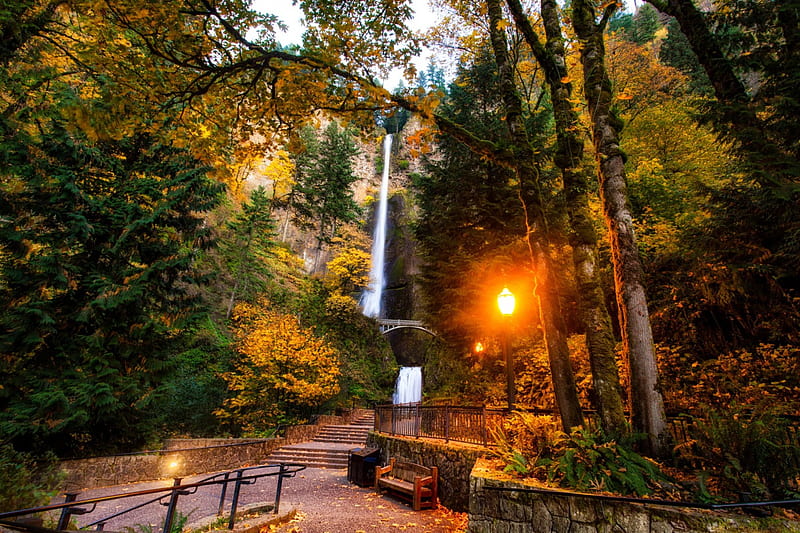 Multnomah Falls, Oregon, sun, waterfall, bench, path, sunset, columbia river gorge, trees, HD wallpaper