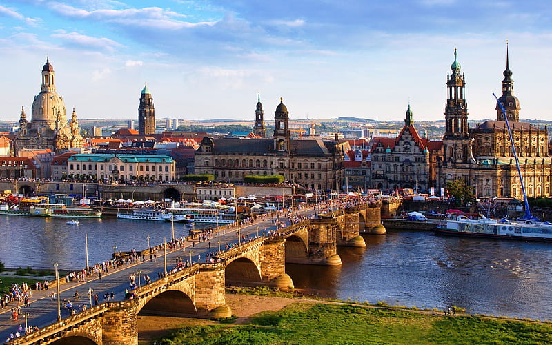 Augustus Bridge, Dresden Altstadt, river Elbe, evening, sunset, old bridge, Dresden, landmarks, Germany, sights, old city, tourism, Saxony, HD wallpaper