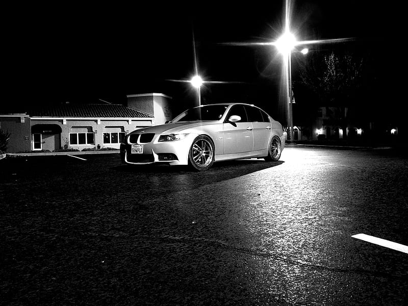 Bmw e90 stance, car, 330i, lowered, msport, black, white, HD wallpaper