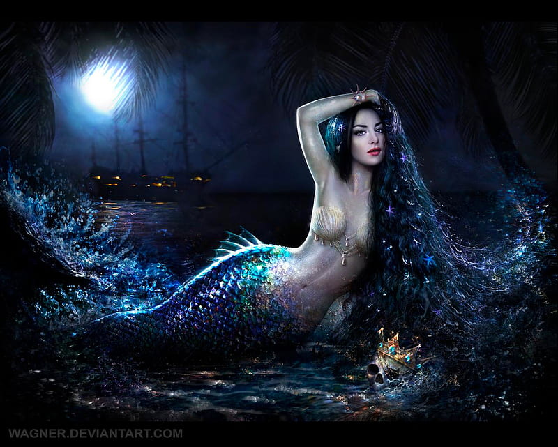 Mermaid and the King, digital, mermaid, siren, illustration, woman, sea, art, bonito, fantasy, crown, skull, HD wallpaper