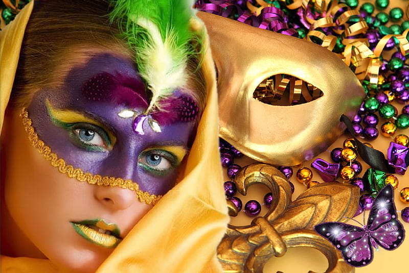 Royal Mardi Gras Colors Face Paint, bold, face paint, woman, masks, gold, butterfly, green, party, bright, feminine, female, jewels, celebration, mardi gras, girl, purple, vibrant, occasion, lady, HD wallpaper