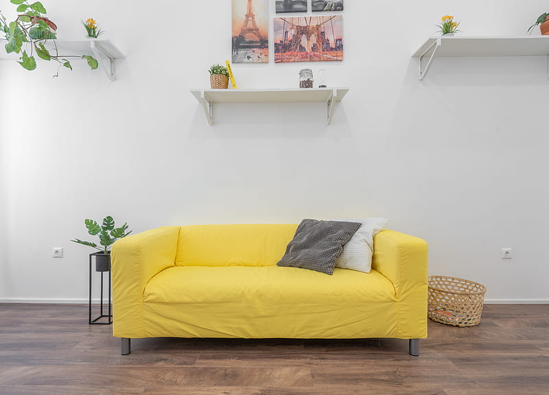 yellow fabric sofa, HD wallpaper