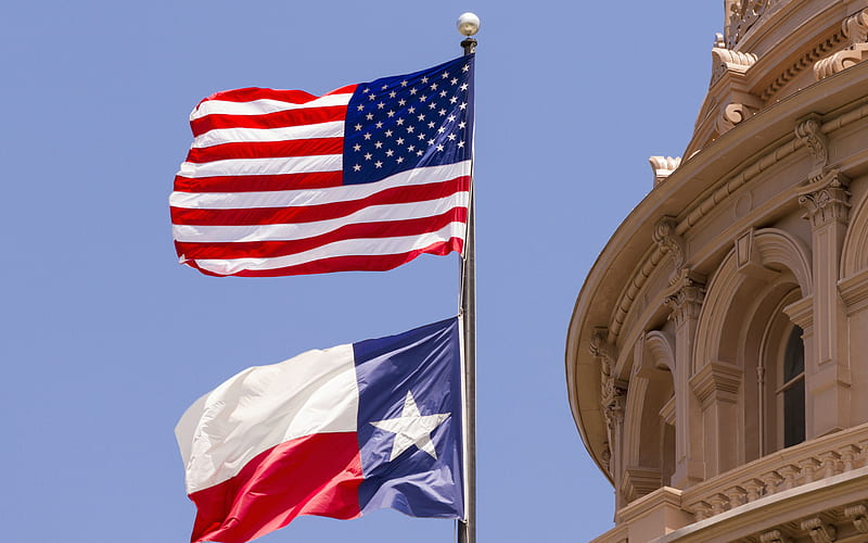 USA flag, Texas flag, American flag, Texas State Capitol, Austin, flag of Texas, USA flag on flagpole, USA, Texas flag on flagpole, HD wallpaper