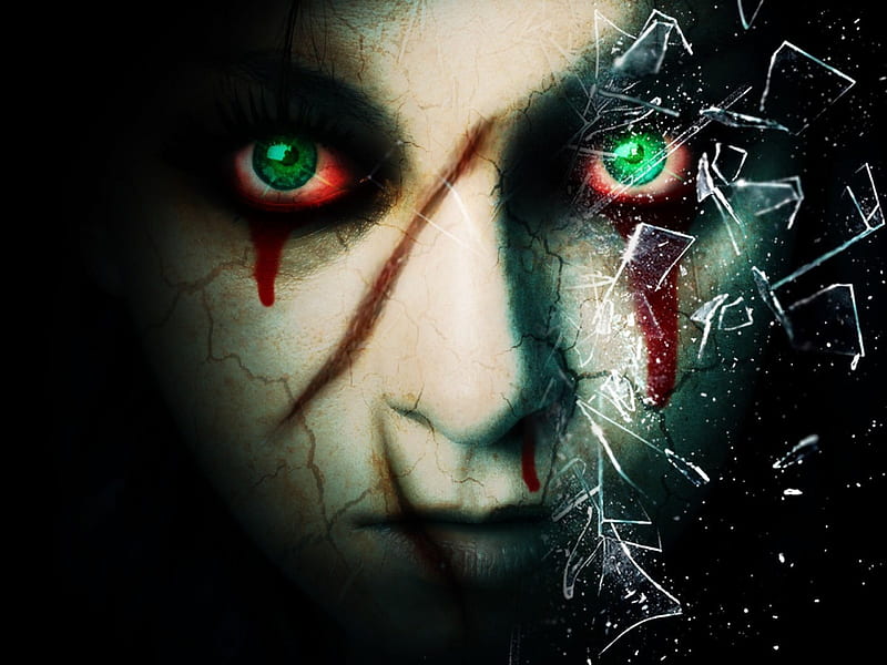 face, fear, witch, death, accident, horror, fantasy, effects, hot, beauty, fantasy art, poster, face in dark, sexy, baby, blood, broken glass, glass, girl, dark, horror eyes, eyes, face cut, HD wallpaper