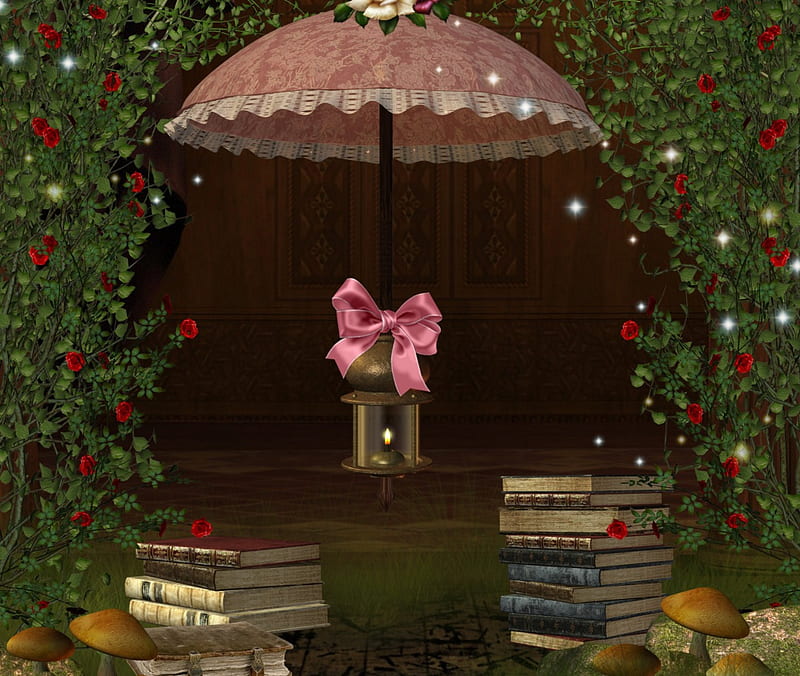 ✼.Gorgeous Umbrella.✼, rocks, pretty, grass, lantern, books, mushroom, creeping plants, bonito, adorable, bow, sweet, leaves, flowers, gorgeous, lovely, romantic, roses, trees, fire, plants, beloved valentines, HD wallpaper