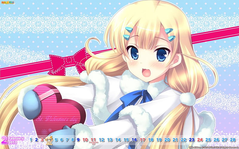 ~For You My Valentine~, valentines day, candy, heart shaped box, blonde, sweet, cute, girl, anime, long hair, HD wallpaper