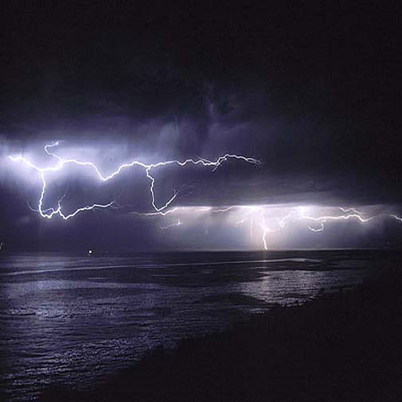 Lightening Night, lightning, night, ocean, storm, storms, strike, thundering, HD phone wallpaper