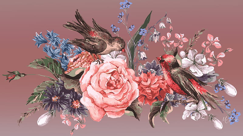 Bird N Blooms, roses, flowers, birds, summer, spring, floral, vintage, HD wallpaper